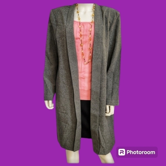 Vtg MISS DORBY Gray Trendy Pinstripe Open Front Topper Duster Blazer - Picture 1 of 7